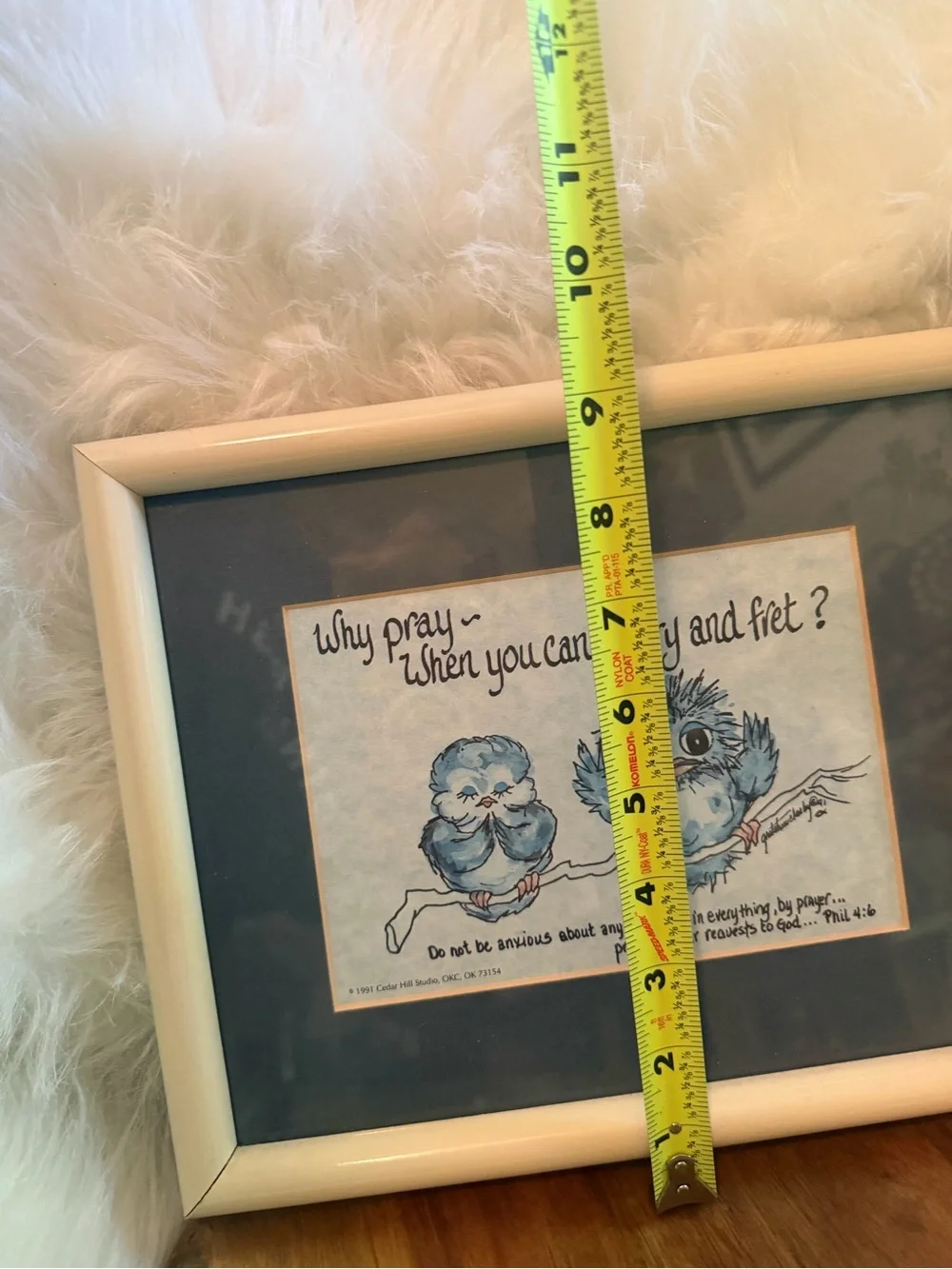 Vintage 1990 Gretchen Jackson Framed Blue Owl Wall Art - White Frame